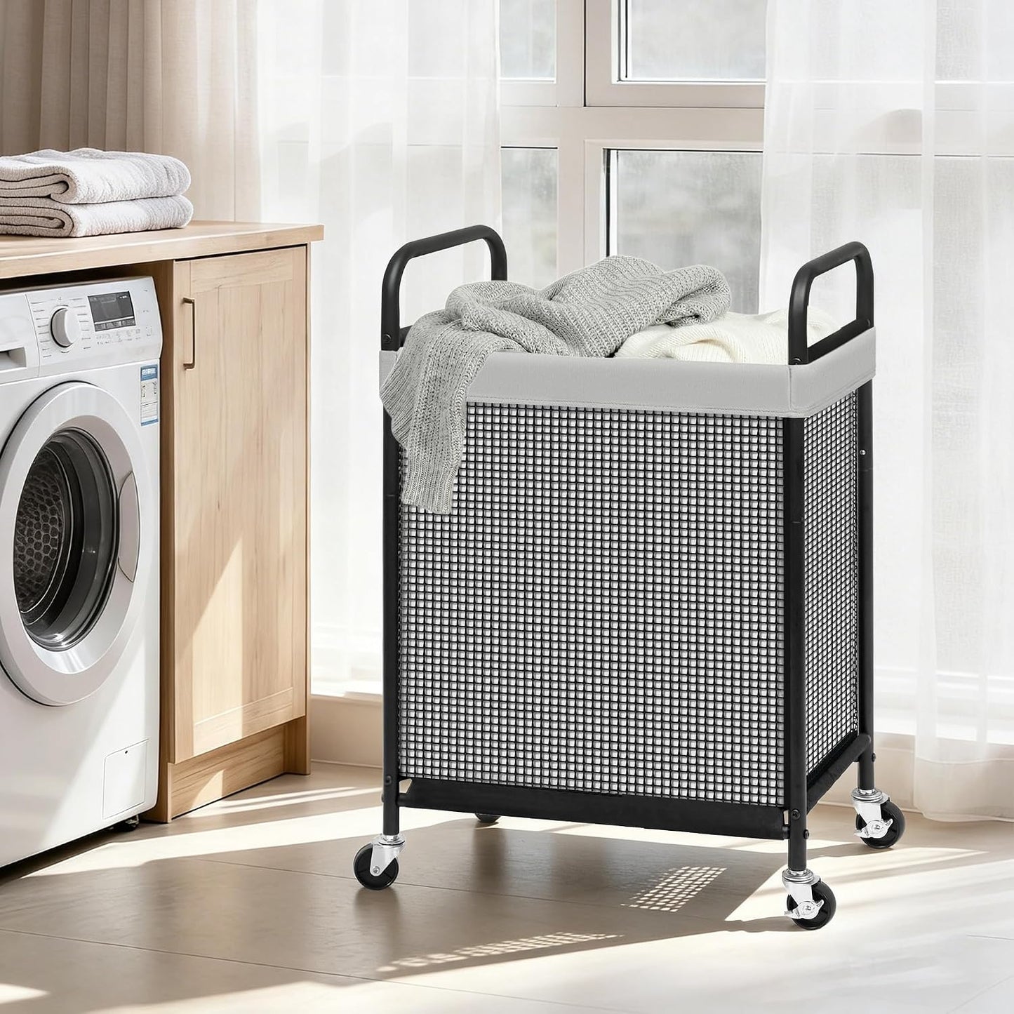 STORAGE MANIAC Rolling Laundry Hamper with Wheels 3-Section Laundry Sorter Rolling Laundrys Basket on Wheels with Removable Bag Clothes Hamper Laundrys Organizer Cart Bathroom Bedroom 120L Beige
