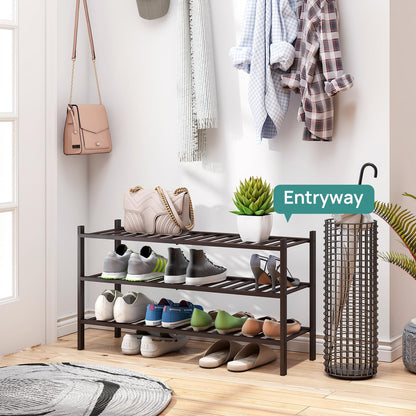 viewcare 3-Tier Black Bamboo Shoe Rack for Entryway, Stackable | Foldable | Natural, Shoe Shelf Storage Organizer for Hallway Closet, Free Standing Shoe Racks for Indoor Outdoor