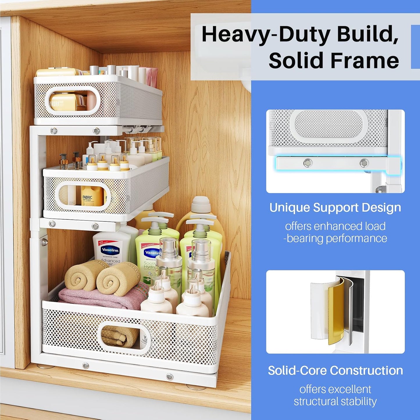 Under Sink Organizer, 2-Pack 3-Tier Thickened Metal Pull out Cabinet Organizer Shelf, Height Adjustable Slide out Storage Drawer Rack for Kitchen Bathroom Pantry Laundry Home Office Organization