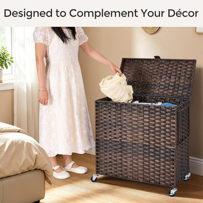 Wicker Laundry Hamper with Wheels and Lid, 3 Section Laundry Hamper with 3 Removable Liner Bags, 130L Laundry Basket with Metal Side Handles & 4 Mesh Laundry Bags, Rolling Clothes Hamper