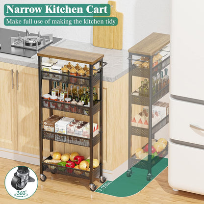Giwil Slim Storage Cart 5 Tier Narrow Kitchen Rolling Cart on Wheels for Small Space, Metal Utility Cart Narrow Bathroom Storage Cabinet Mobile Shelf Unit Organizer with Wood Top and Handle, Black