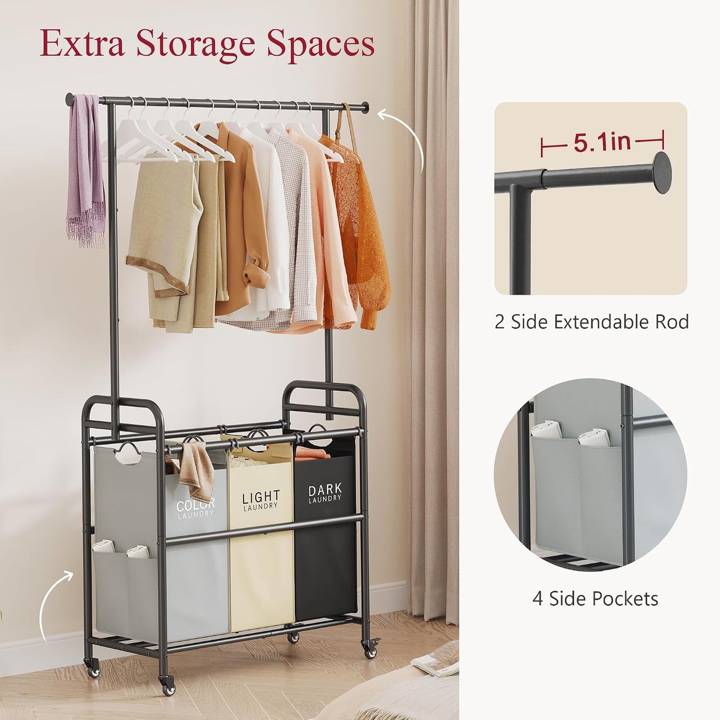 Tajsoon Laundry Hamper with Hanging Rack, 3 Section Laundry Sorter with Heavy Duty Lockable Wheels, Laundry Basket Organizer for Dirty Clothes Storage, 3 Beige