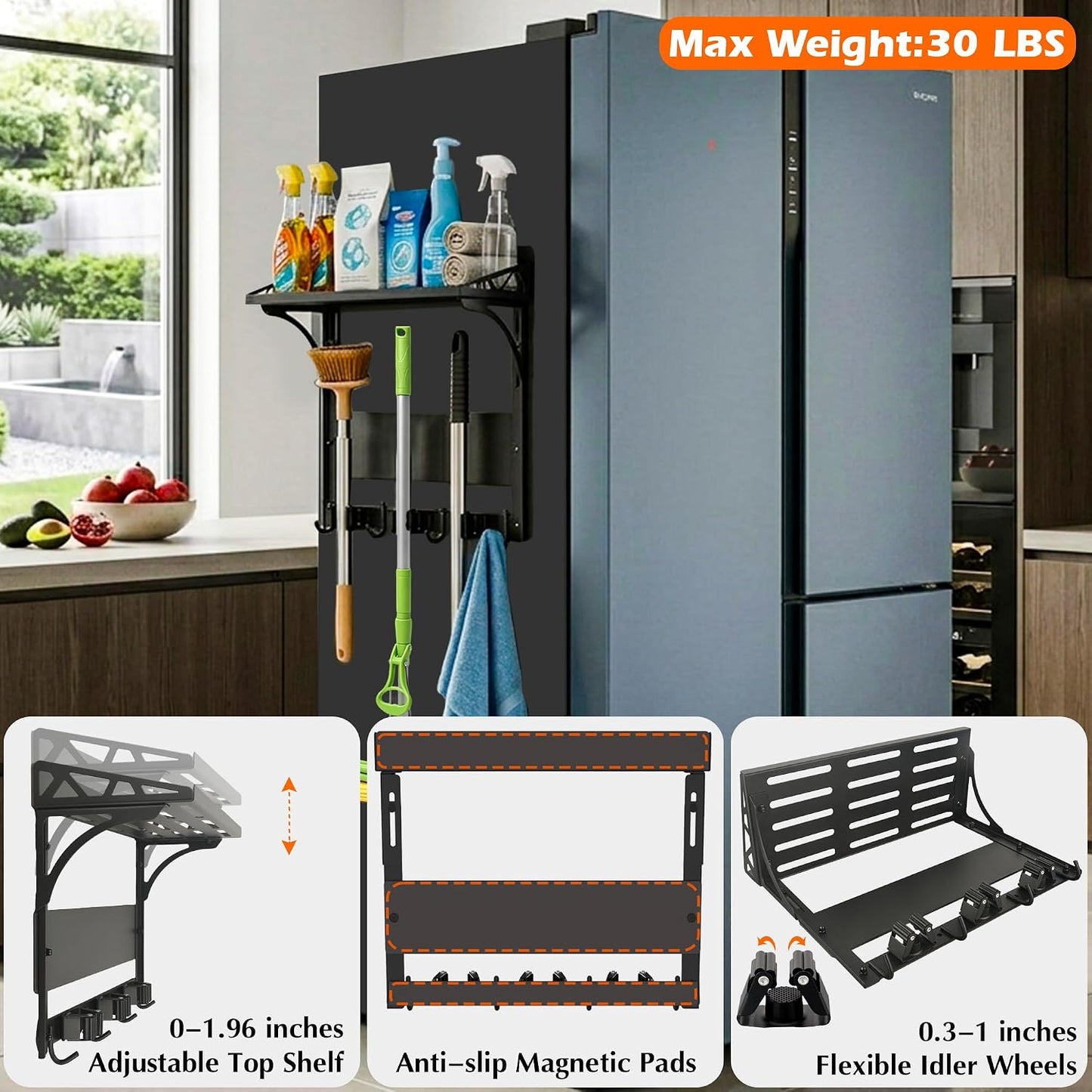 MUTUACTOR Heavy Duty Magnetic Broom Holder,Anti-slip Magnetic Tool Rack with Top Utility Shelf, Easy Assembly Broom Mop Organizer for Refrigerator Metal Cabinet Laundry Room Kitchen,3-Clamps 4-Hooks