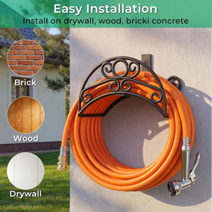 TomCare Garden Hose Holder Wall Mount Metal Water Hose Holder Holds 150Ft Hoses Heavy Duty Hose Hanger Sturdy Hoses Storage Organizer for Outside Yard Garden, Black