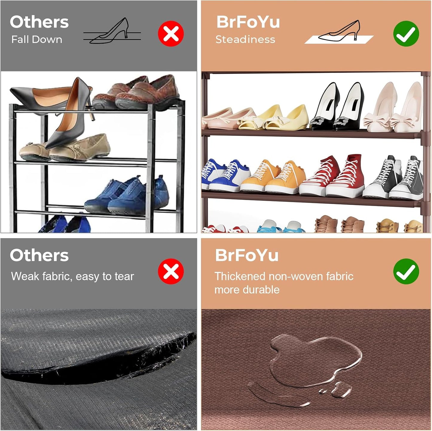 32.3" Widening Design Shoe Rack for Closet 16 Pairs Small Spaces Non-Woven 3 Tier Shoe Organizer Stackable Metal Shoe Shelf for Entryway, Bedroom