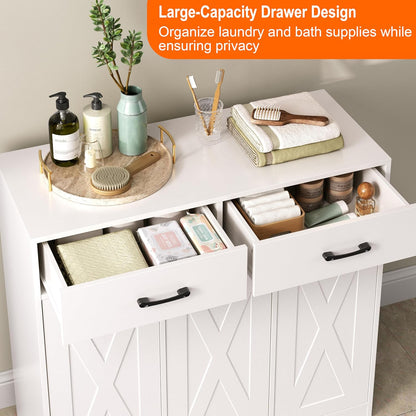 Herture Laundry Hamper Cabinet, Laundry Basket 3 Section with 2 Storage Drawers, Laundry Sorter with Pull-Out Removable Large Bags, 3 x 15.87 Gallons (60L), for Laundry Room Bathroom, White YL01XLW