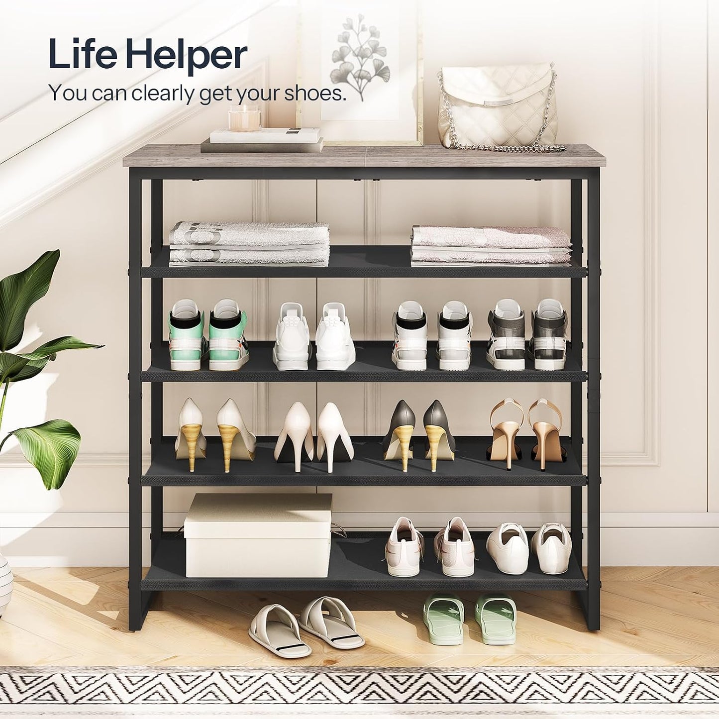 HOOBRO Shoe Rack, 4 Tier Shoe Storage Organizer with 3 Oxford Fabric Shelves and Top Panel, Holds 12-16 Pairs of Shoes for Entryway and Closet, Industrial, Rustic Brown BF47XJ01G1