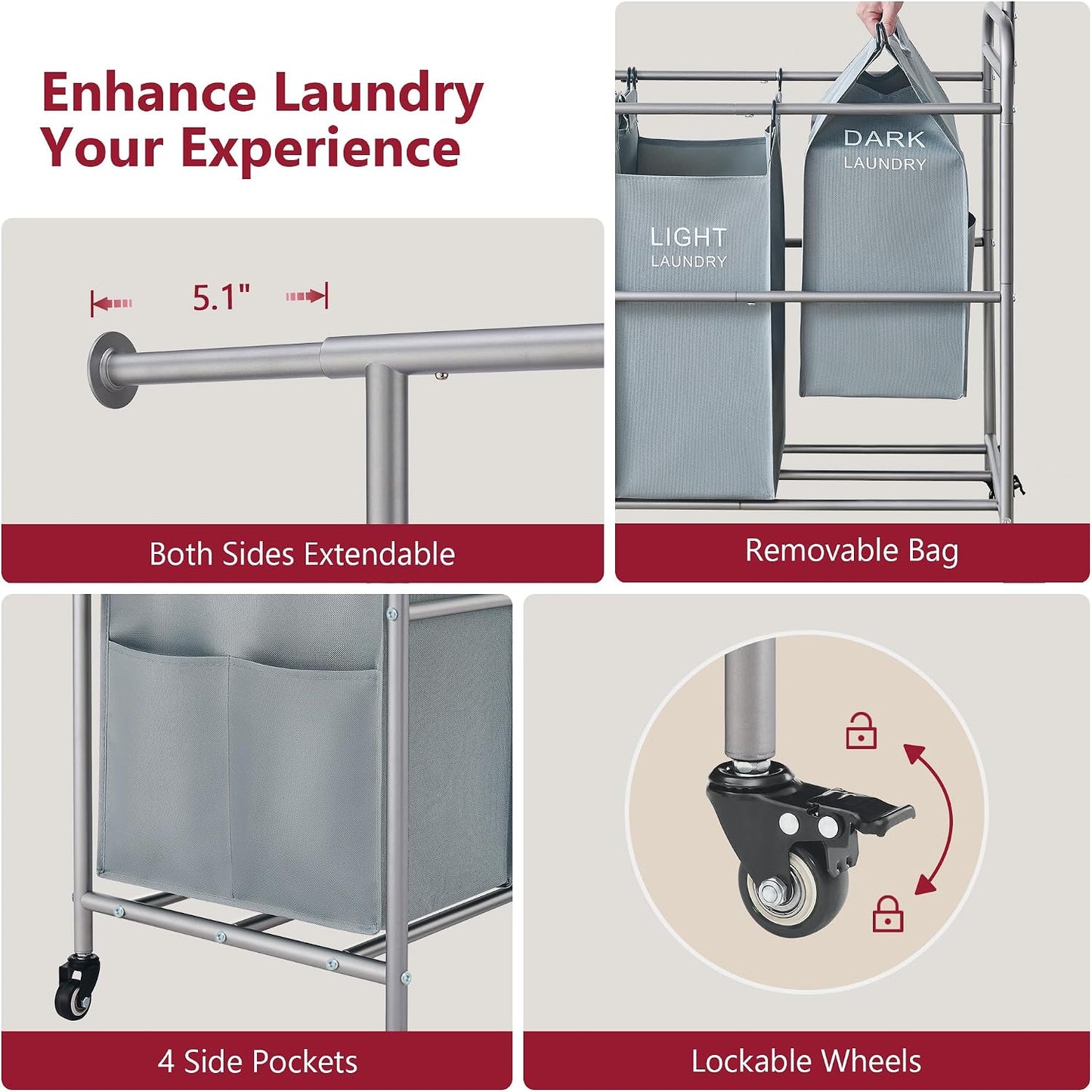 Tajsoon Laundry Hamper with Hanging Rack, 3 Section Laundry Sorter with Heavy Duty Lockable Wheels, Laundry Basket Organizer for Dirty Clothes Storage, 3 Beige