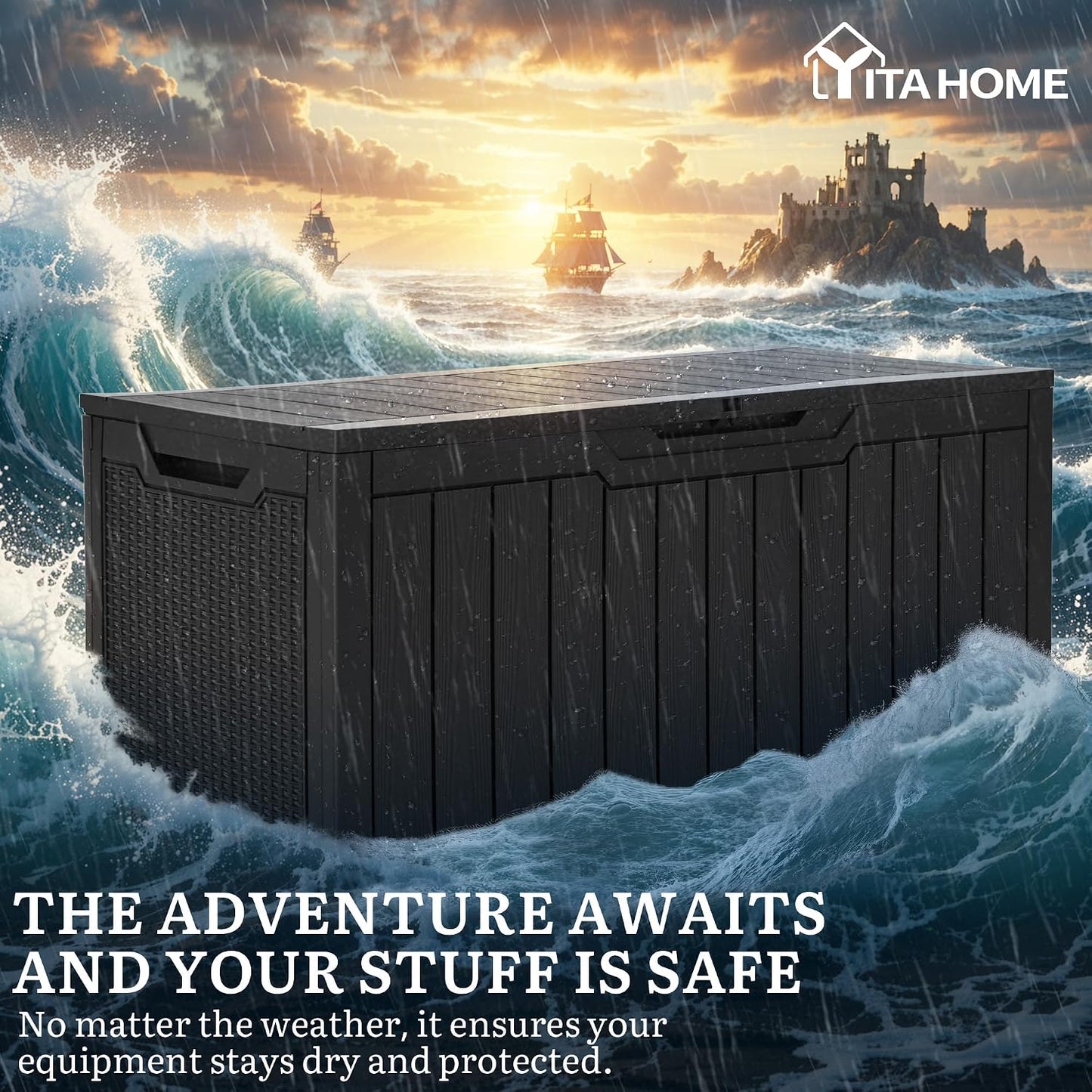 YITAHOME 100 Gallon Large Outdoor Deck Box | Waterproof Resin Storage Box, Lockable Indoor Outdoor Storage Container for Patio Furniture Cushions, Pool Accessories