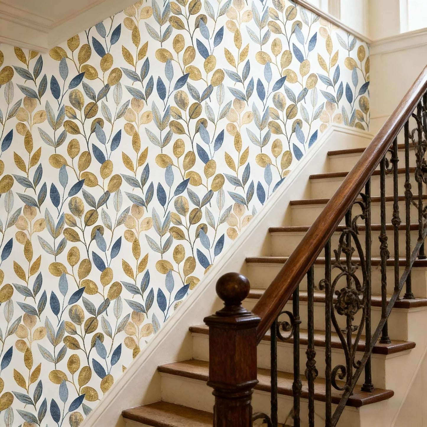 Blue Gold Leaf Peel and Stick Wallpaper Modern Self Adhesive Contact Paper Waterproof Removable Wall Paper for Bathroom Living Room 17.7"x70.8" Luxury Decorative Wallpaper