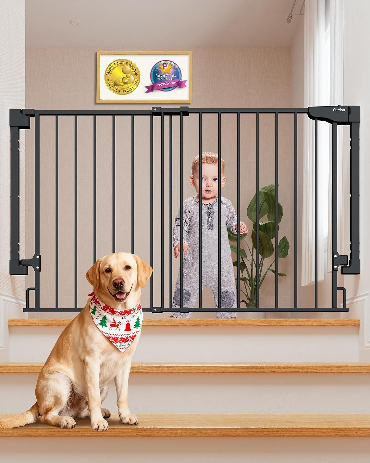 Cumbor 29.2–43" Baby Gate for Stairs, Hardware Mounted (Drill Required), Expandable No Bottom Bar Dog Gate, Auto Close Extra Wide Walk Thru, Pet & Toddler Proof Gate, Top & Bottom of Stairways (White)
