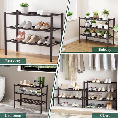 Smiry Bamboo Shoe Rack, 3 Tier Free Standing Wooden Shoe Organizer, Stackable Wood Shoe Storage Shelf for Closet, Entryway, 12 Vertical Slats, 2+1 Stack Standard Legs, 26.8"x11"x19.5", Natural