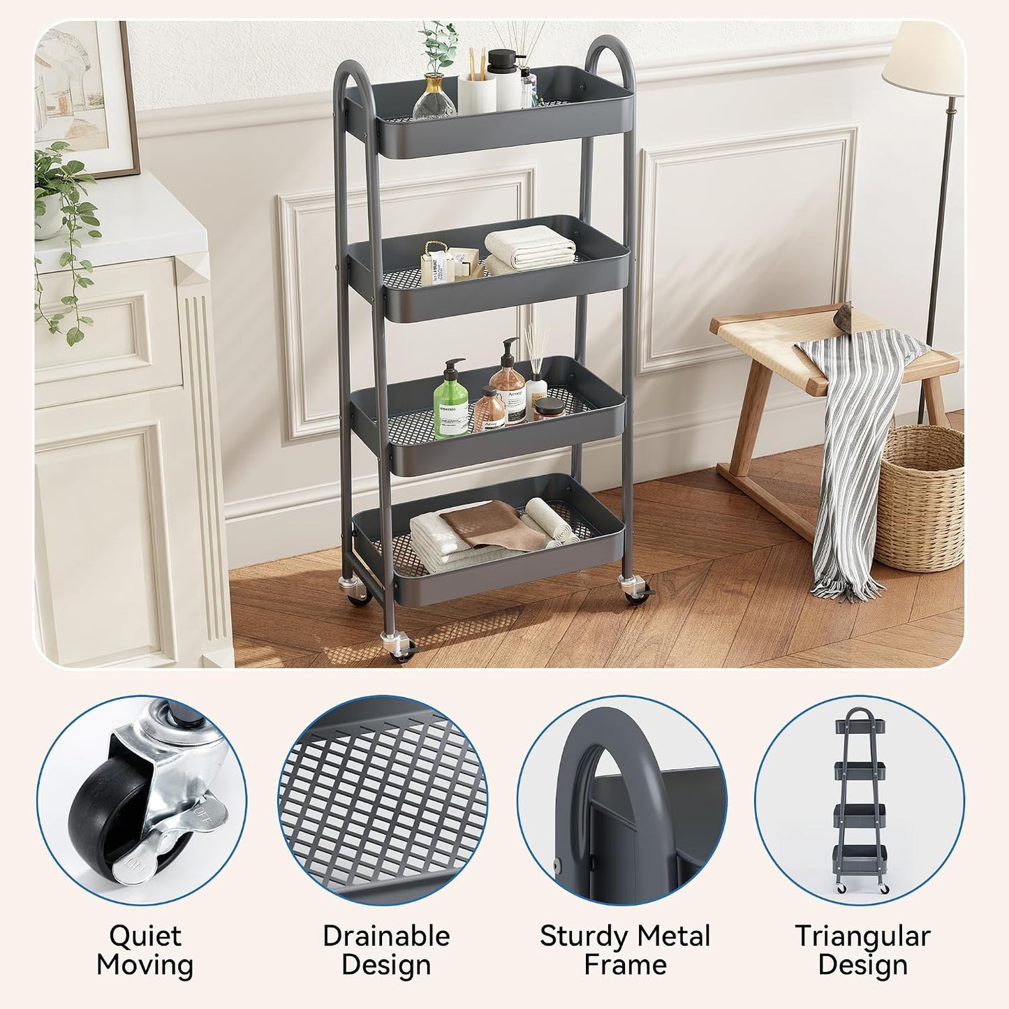 NEWBULIG 3-Tier Rolling Storage Cart, Metal Mobile Utility Organizer Shelf with Lockable Wheels, Space-Saving Freestanding Storage for Bathroom Living Room and Narrow Corner Spaces, Green