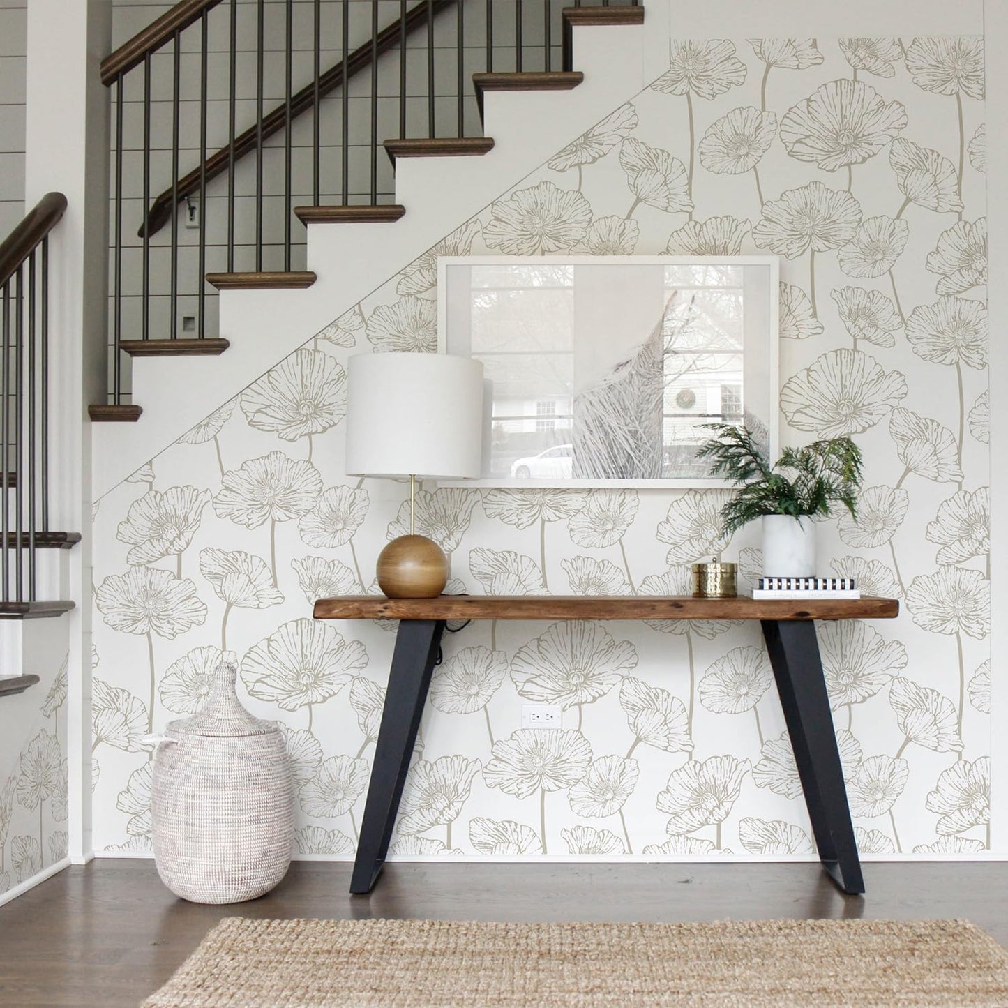 Orainege Modern Peel and Stick Wallpaper 17.3inx118.1in Beige and White Floral Wallpaper Boho Contact Paper Removable Decorative Wall Paper for Bedroom Bathroom Cabinets Decor Vinyl