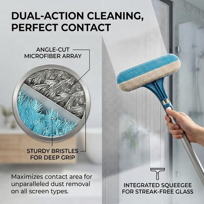 Window Screen Cleaning Brush with Long Handle, 2-in-1 Mesh Cleaner Tool & Squeegee, Double-Sided Multi-Purpose Scrubber for Glass, Sliding Door, Patio & Porch Screens (Blue)