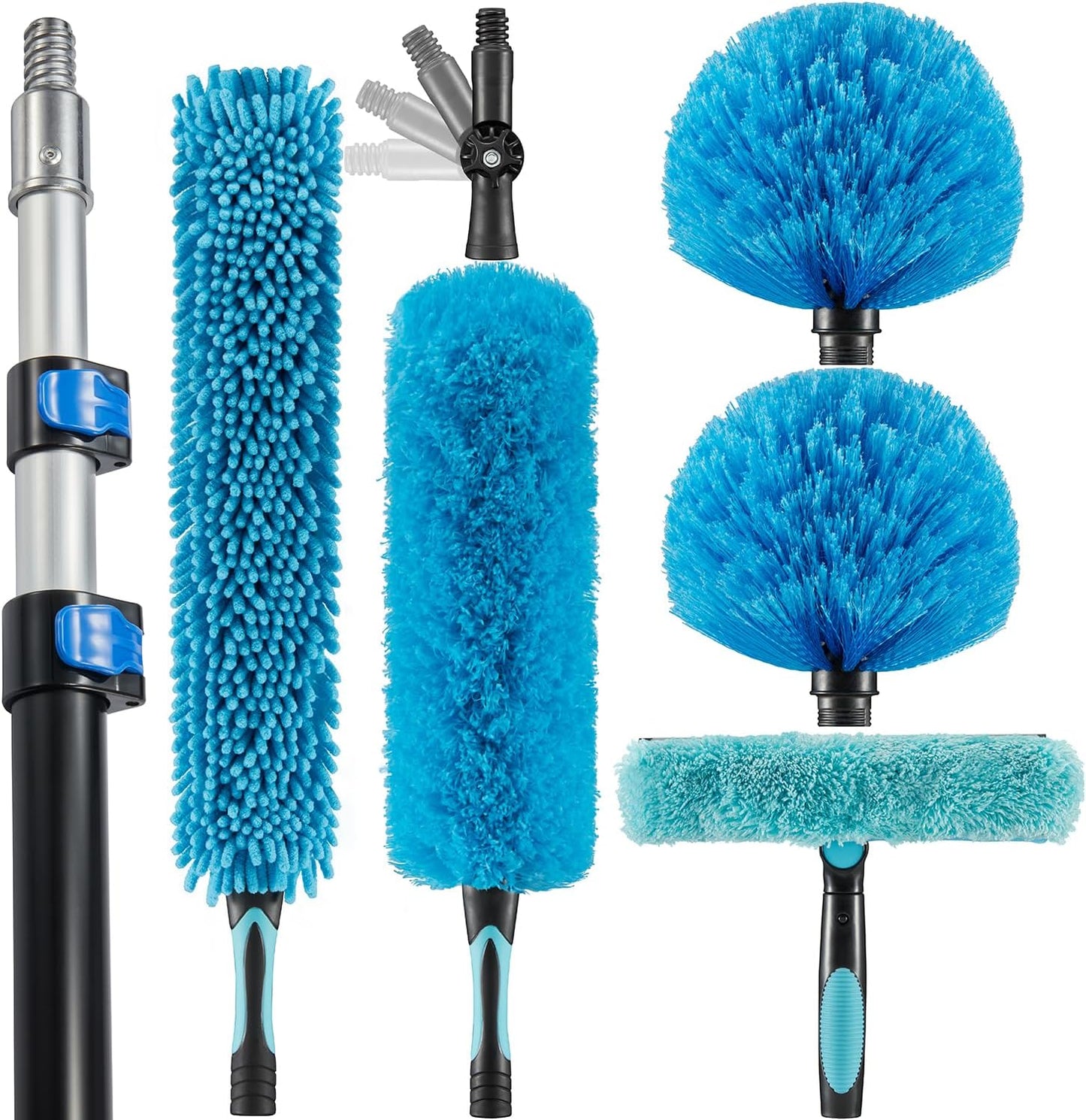 20 Foot High Ceiling Fan Duster with 5-12ft Extension Pole, Extendable Reusable Cobweb, Feather, Window Cleaning Squeegee Kit