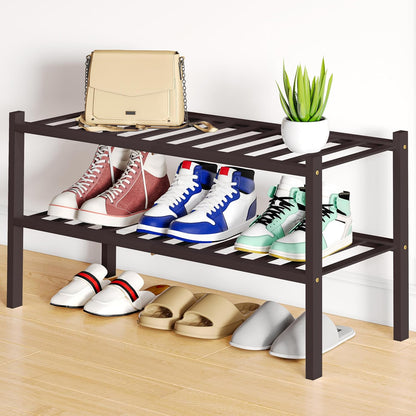 Smiry Bamboo Shoe Rack, 3 Tier Free Standing Wooden Shoe Organizer, Stackable Wood Shoe Storage Shelf for Closet, Entryway, 12 Vertical Slats, 2+1 Stack Standard Legs, 26.8"x11"x19.5", Natural
