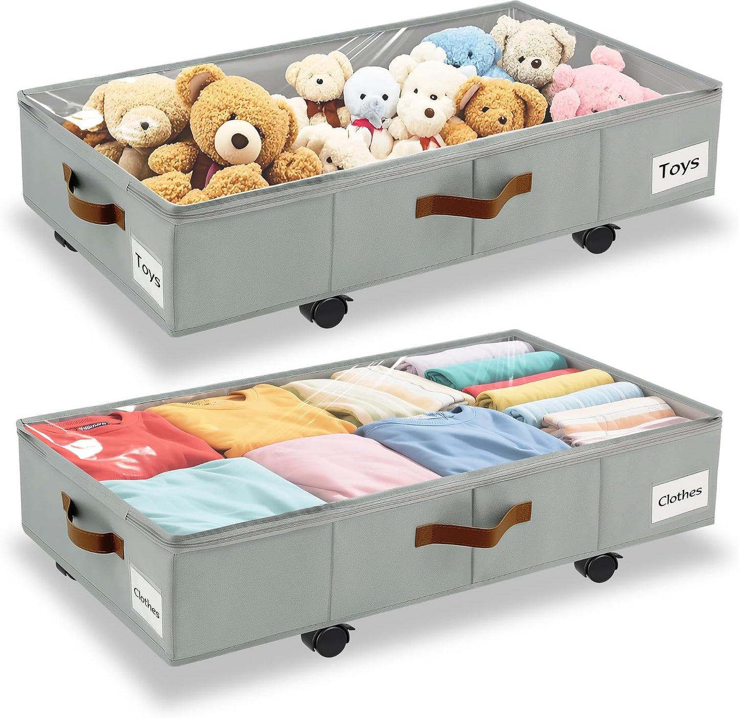 Under Bed Storage with Wheels,Underbed Storage with Sturdy Sidewalls/Bottom, Clear Cover, Label and PU Handle, Rolling Under Bed Drawers for Clothes, Shoes, 6.5 Inch Height,Black, 2 Pack