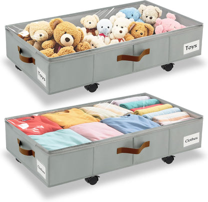 Under Bed Storage with Wheels,Underbed Storage with Sturdy Sidewalls/Bottom, Clear Cover, Label and PU Handle, Rolling Under Bed Drawers for Clothes, Shoes, 6.5 Inch Height,Black, 2 Pack