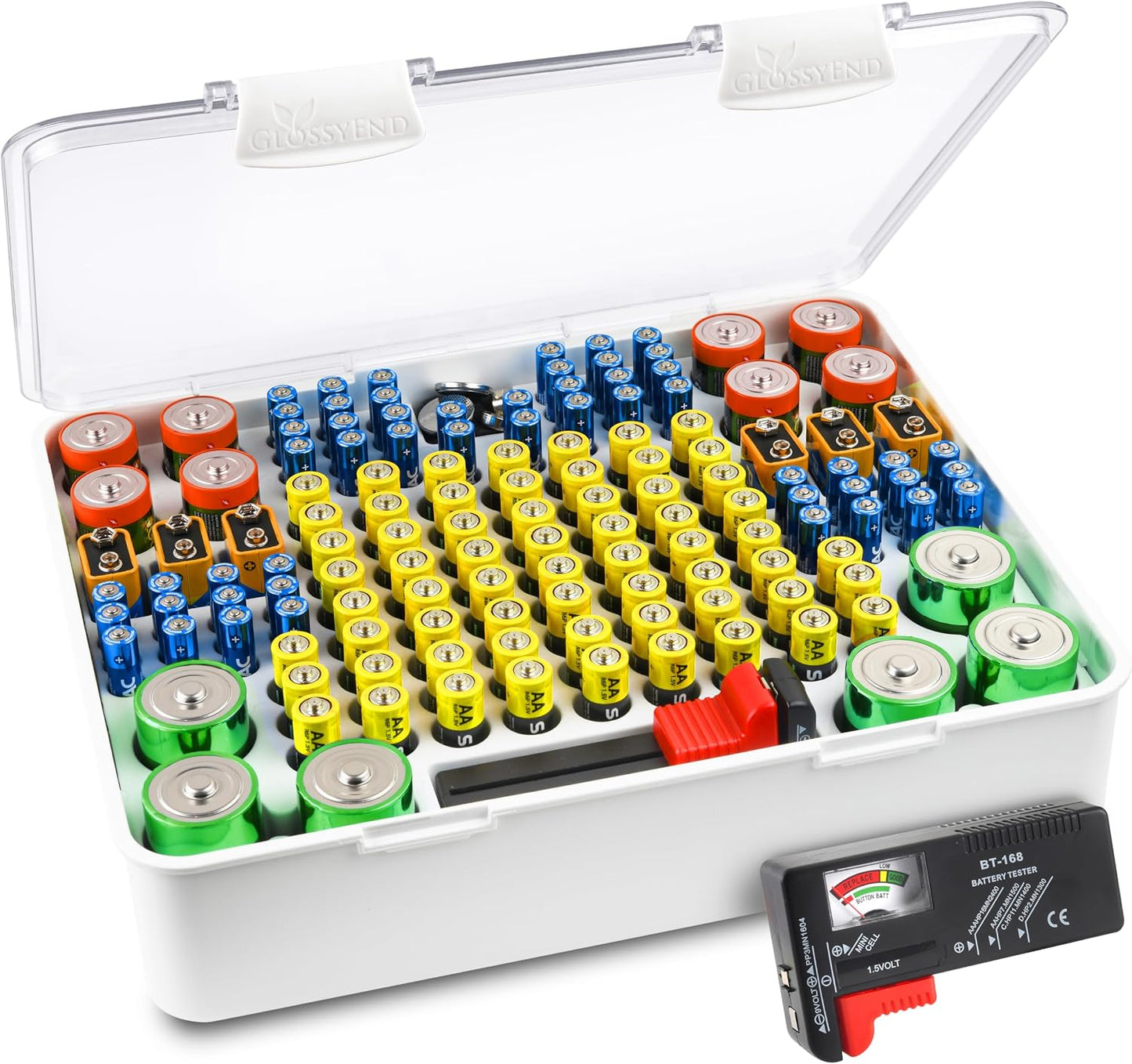 140 Slot Multi Battery Storage Box, Battery Storage Case, Battery Holder with Tester, Stores: 56 AA and 52 AAA Batteries, 8 C Batteries, 6 D Batteries, 6 9V Batteries, and 12 Button Batteries (Red)