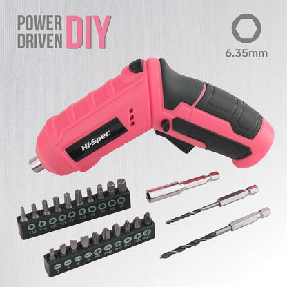 Hi-Spec 4V Electric Screwdriver Tool Kit Set. Cordless USB Rechargeable Screwdriver with Home Repair Tools. 42pc Compact Portable Case, DIY Kit for Beginners and the Household - Green