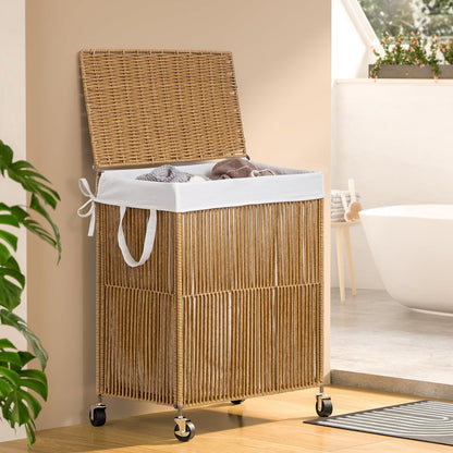 WOWLIVE Laundry Hamper with Wheels, 160L Handwoven Rolling Laundry Basket 3 Section with Lid, Clothes Hamper with Removable Liner Bags, Large Capacity Laundry Sorter Laundry Room Organization, Natural