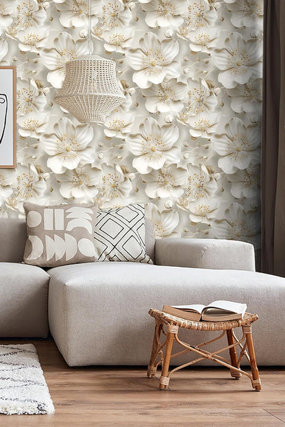 Floral Peel and Stick Wallpaper 3D Effect Interior Wall Décor Contact Paper Self Adhesive Removable Renter Friendly for Bedroom Living Cabinet Room 17.7in x 9.8ft (Not Textured Wallpaper