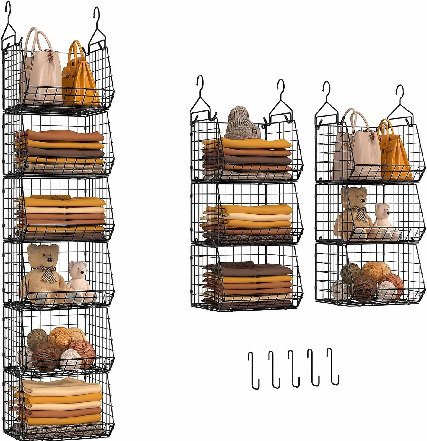 X-cosrack 6 Tier Closet Hanging Organizer, Clothes Hanging Shelves with 4 Hanging Hooks 5 S Hooks, Wire Storage Basket Bins, for Clothing Sweaters Shoes Handbags Clutches Accessories Patent