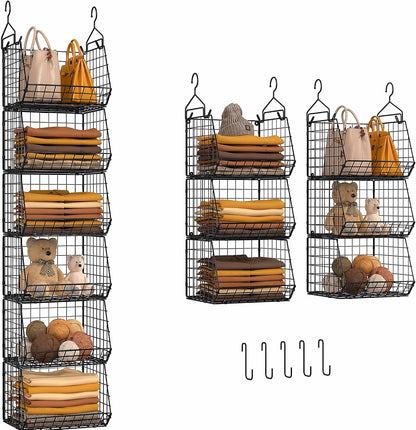 X-cosrack 6 Tier Closet Hanging Organizer, Clothes Hanging Shelves with 4 Hanging Hooks 5 S Hooks, Wire Storage Basket Bins, for Clothing Sweaters Shoes Handbags Clutches Accessories Patent