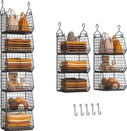 X-cosrack 6 Tier Closet Hanging Organizer, Clothes Hanging Shelves with 4 Hanging Hooks 5 S Hooks, Wire Storage Basket Bins, for Clothing Sweaters Shoes Handbags Clutches Accessories Patent