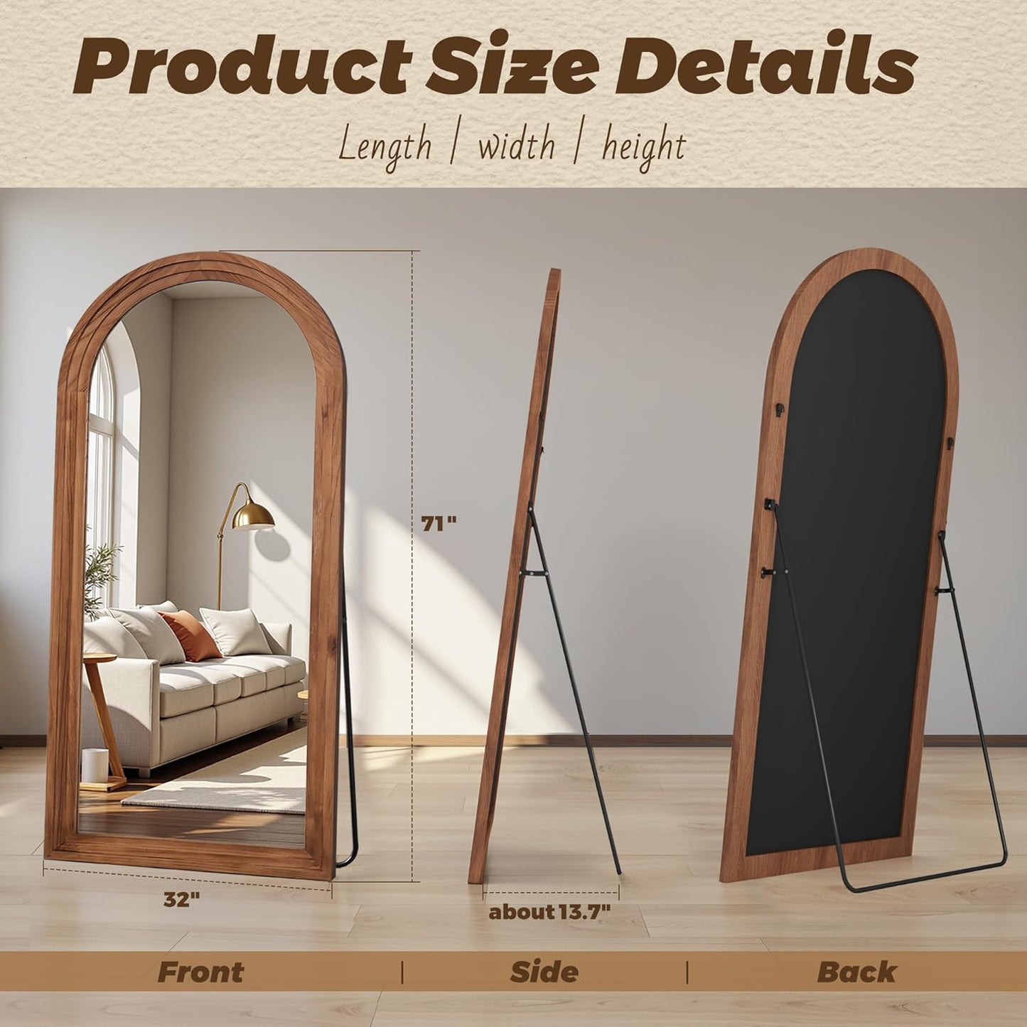 Antok Full Length Mirror with Solid Wood Frame, 71"×32" Wall Mounted Oversized Floor Mirror with Stand, Leaning Standing Hanging for Bedroom Living Room Entryway, Walnut, Arched Syle