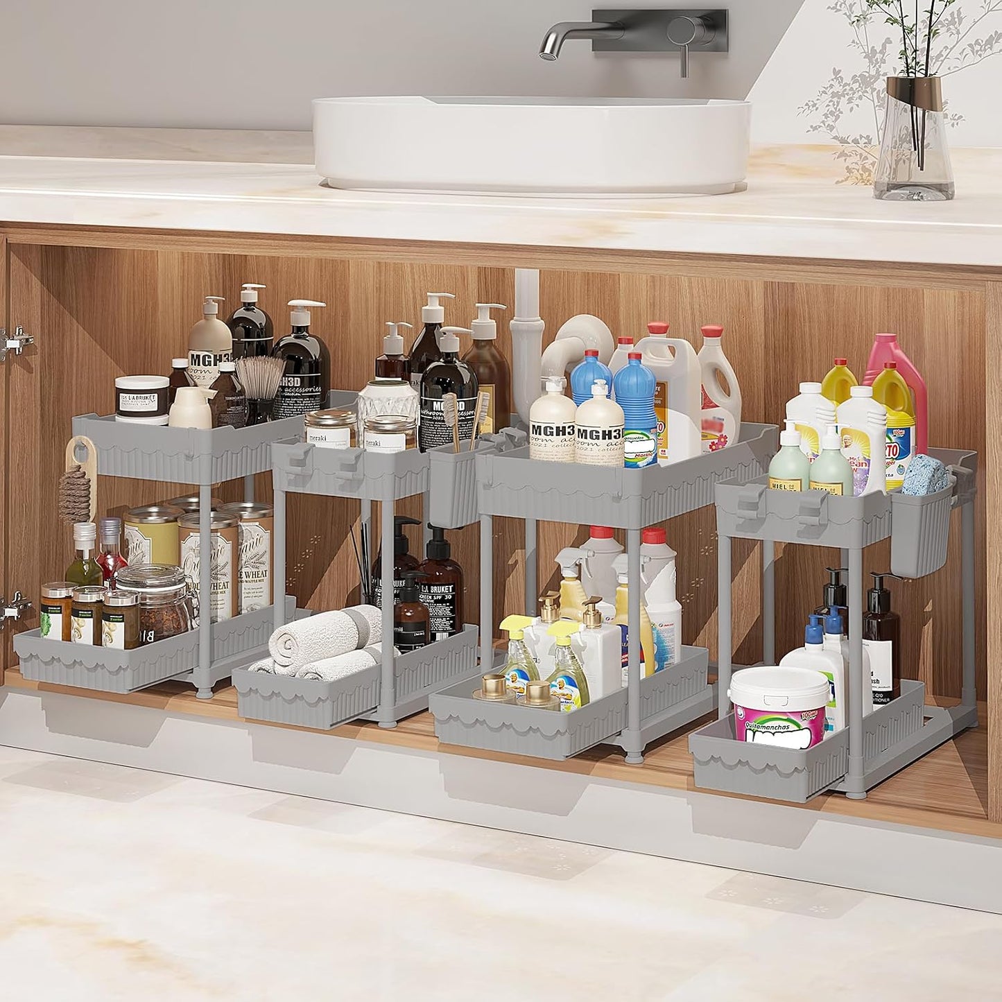 Sevenblue 4-Pack 2-Tier Under Sink Organizer with Pull Out Drawers | Multi-use kitchen & bathroom storage. Includes hanging hooks and cups. Black, space-saving cabinet design.