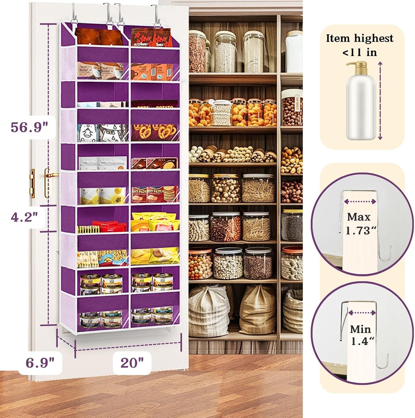 Over The Door Organizer, 5-Tier Extra Large Behind Door Storage with 10 Big Front & 10 Mesh Pockets, 80lb Capacity, Hanging Storage Organizer with Clear Window Kids Toys, Shoes, Diapers, Light Grey
