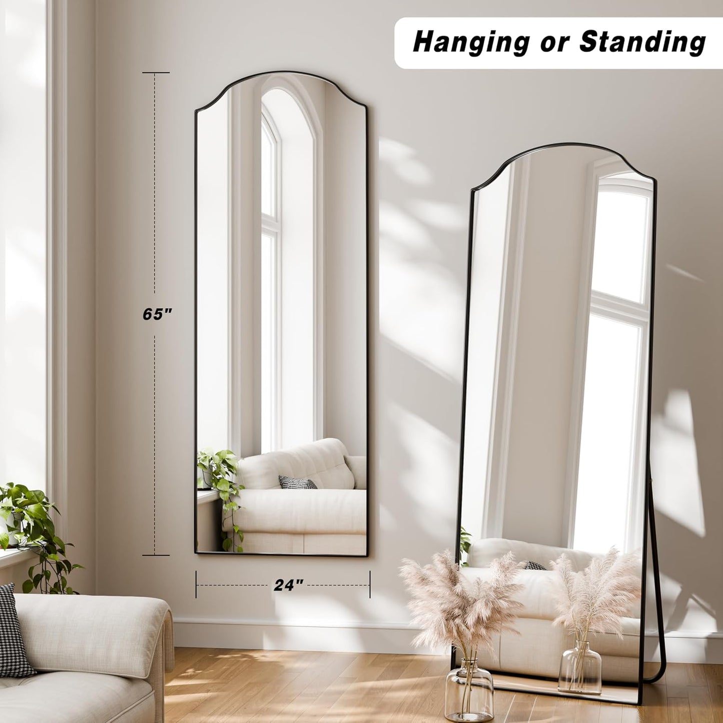 VooBang Triple-Arched Mirror Full Length, 65" x 24" Floor Mirror with Stand, Matte Aluminum Alloy Frame Full Body Mirror, Standing Hanging or Leaning for Bedroom and Living Room, Black