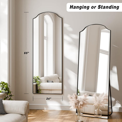 VooBang Triple-Arched Mirror Full Length, 65" x 24" Floor Mirror with Stand, Matte Aluminum Alloy Frame Full Body Mirror, Standing Hanging or Leaning for Bedroom and Living Room, Black
