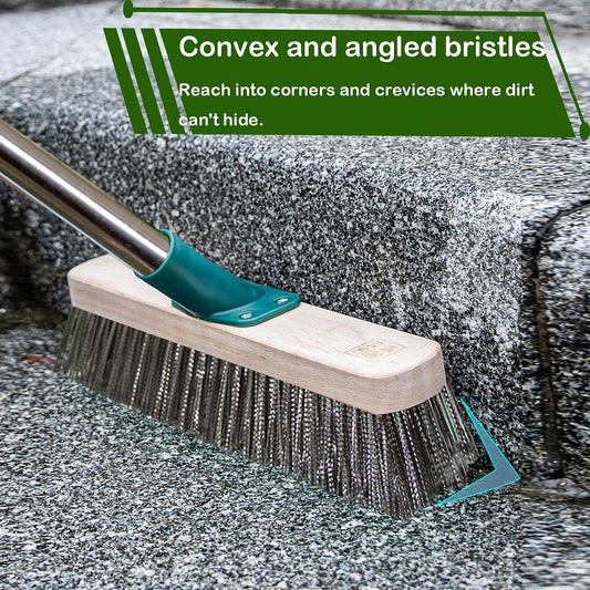 Stainless Steel Wire Brush with Long Handle Deck Broom Brush Floor Scrubber Brush for Cleaning Outdoor Broom for Moss, Tough Stains on Concrete, Grout, Garden, Garage, Patio, Swimming Pool