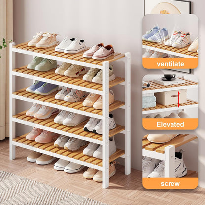 Bamboo Shoe Rack Organizer for Closet and Entryway - Space-Saving Narrow Shoe Stand - Versatile Shoe Holder for Door or Closet Shelf, Garage Bedroom can Freely Stack DIY Small Shoe Racks 3 Tier