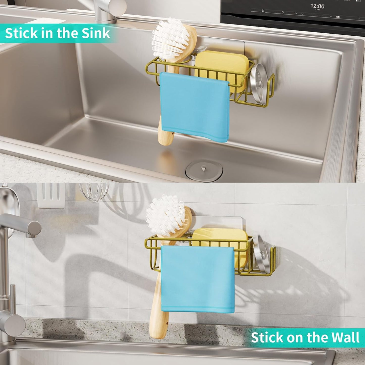 HapiRm 4 in 1 Sink Caddy Sponge Holder, SUS304 Stainless Steel Kitchen Brush Holder and Dish Cloth Hanger, Kitchen Organizers and Storage Essentials - Silver