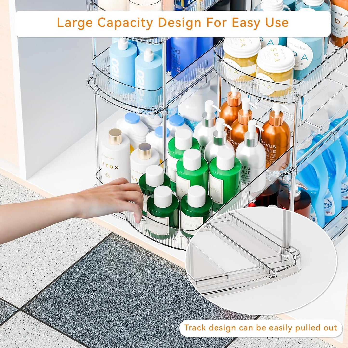 2 Pack 3 Tier Large Pull Out Bathroom Organizers and Storage,13.8″ Deep Sliding Kitchen Under Sink Organizer for Cleaning Products Storage,Acrylic Clear Bathroom inder Sink Organizer,Undersink Storage