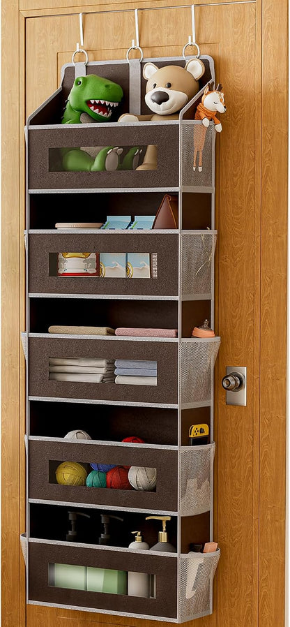 2 Pack 5 Tier Over The Door Organizer - Large Capacity Behind Door Hanging Shelves with 10 Mesh Pockets and Clear Windows, Closet Organizers and Storage for Bathroom, Bedroom, Nursery, Grey
