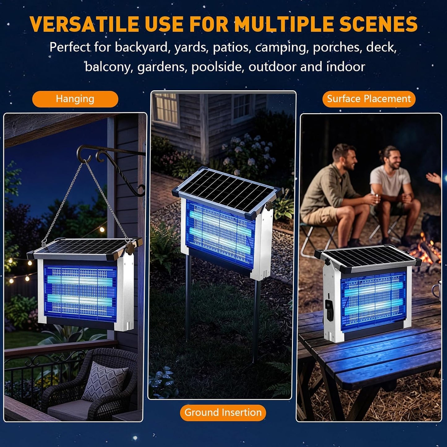 Solar Bug Zapper Outdoor, 4500V Solar Mosquito Zapper for Outdoor & Indoor, 1/2 Acre Coverage Cordless Rechargeable Electric Fly Zapper, IPX5 Waterproof Mosquito Traps for Backyard, Patio, Camping
