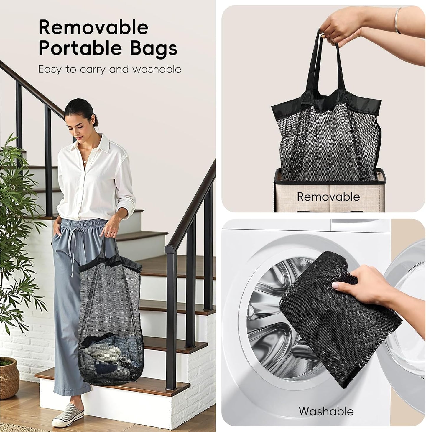 185L Laundry Hamper 3 Section, Laundry Hamper with Lid, Dirty Clothes Hamper with 3 Removable Washing Bags, Extra Large Laundry Basket Organizer for Bedroom, Laundry Room, Dorm - Black