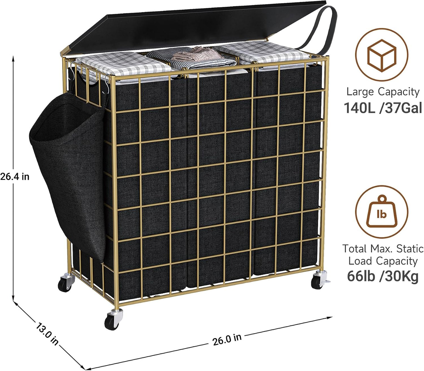Laundry Basket with Wheels, Heavy Duty Laundry Sorter 2 Sections, 120L (32Gal.) Large Capacity Laundry Hamper with Wood Lid, 360 Rolling Wheels, Extra Side Pocket, Leather Pull Handle, Beige