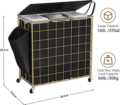 Laundry Basket with Wheels, Heavy Duty Laundry Sorter 2 Sections, 120L (32Gal.) Large Capacity Laundry Hamper with Wood Lid, 360 Rolling Wheels, Extra Side Pocket, Leather Pull Handle, Beige