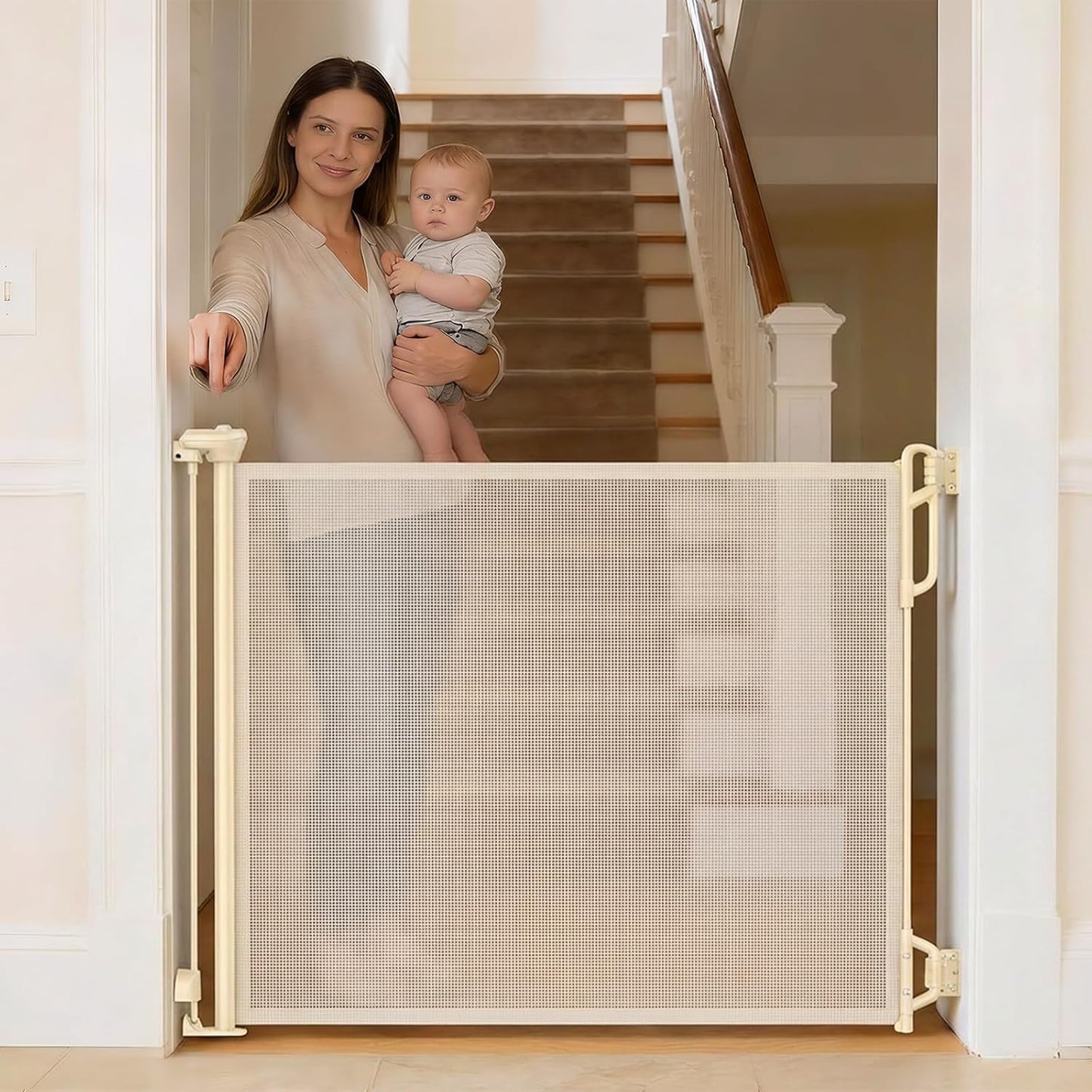 SPACEANY Retractable Safety Baby Gate or Mesh Dog Gate,Durable Portable Mesh Retractable Gate,Easy to Use for Stairs, Doorways, Hallways, Indoor, Outdoor, 33.5" Tall, Up to 45" Wide, Cream