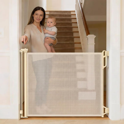 SPACEANY Retractable Safety Baby Gate or Mesh Dog Gate,Durable Portable Mesh Retractable Gate,Easy to Use for Stairs, Doorways, Hallways, Indoor, Outdoor, 33.5" Tall, Up to 45" Wide, Cream