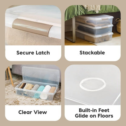 IRIS USA 33 Qt Plastic Under Bed Storage Organizer Bin Container with Secure Lids and Durable Black Buckles, Multi-Purpose for Clothes, Shoes, Clothing, and Bedding, Short, Clear, 3 Pack