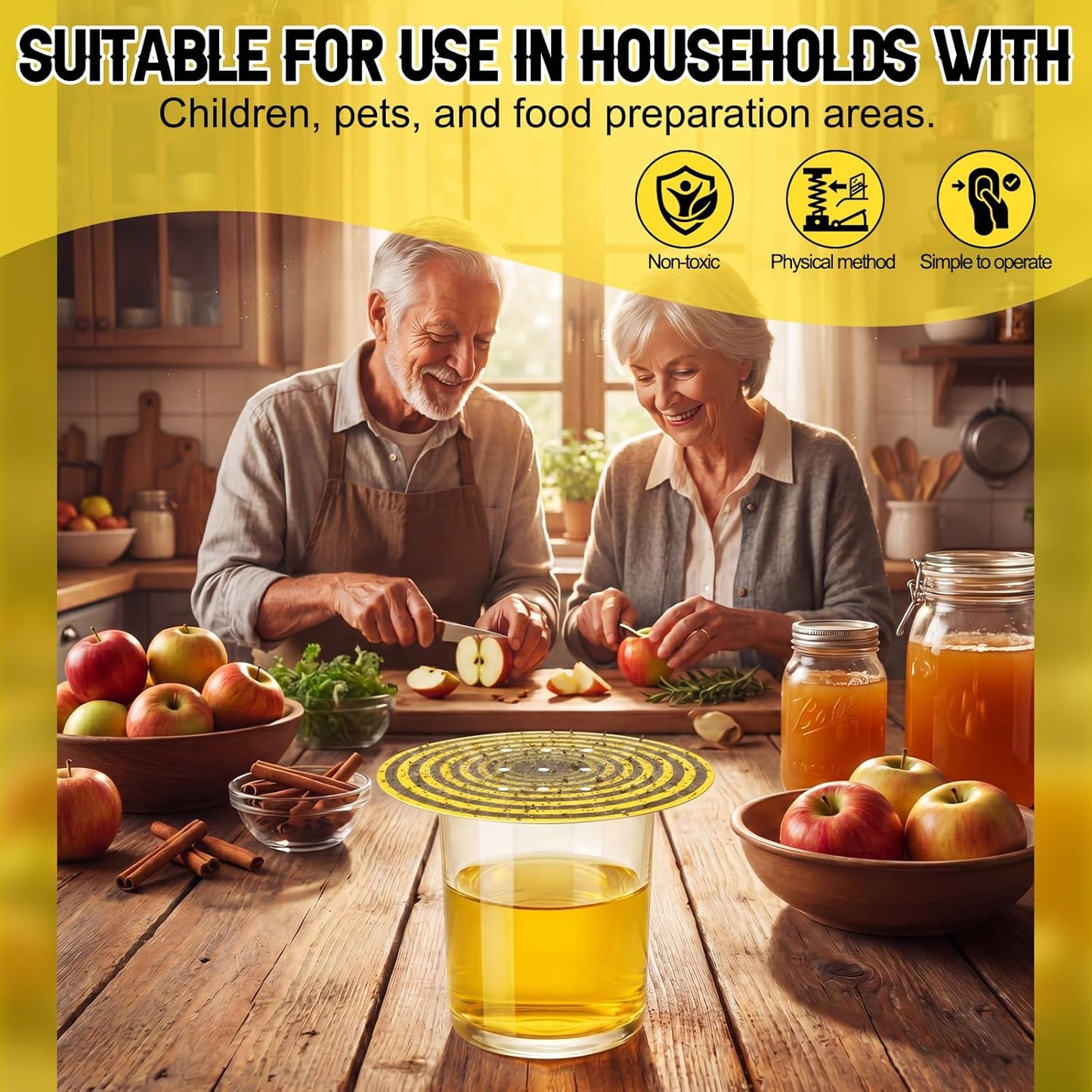 100 Pack Fruit Fly Trap Covers, Single-Sided Sticky Paper Lids, 8 Vent Holes for Vinegar/Wine Bait, Fits Cups & Jars for Indoor Kitchen & Pantry Gnat Control (Round,Yellow)