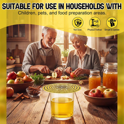 100 Pack Fruit Fly Trap Covers, Single-Sided Sticky Paper Lids, 8 Vent Holes for Vinegar/Wine Bait, Fits Cups & Jars for Indoor Kitchen & Pantry Gnat Control (Round,Yellow)
