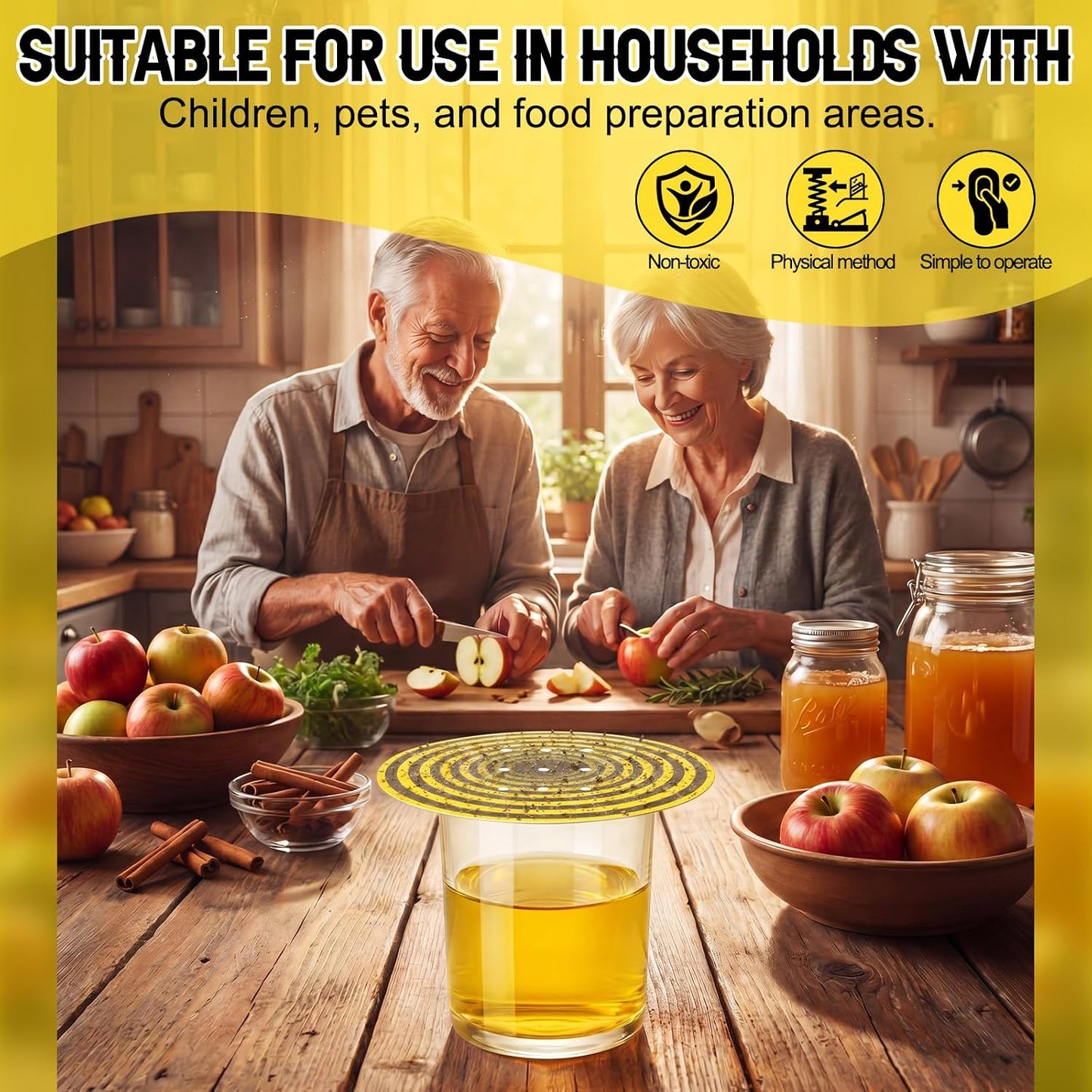 50 Pack Fruit Fly Trap Covers, Single-Sided Sticky Paper Lids, 8 Vent Holes for Vinegar/Wine Bait, Fits Cups & Jars for Indoor Kitchen & Pantry Gnat Control (Round,Yellow)